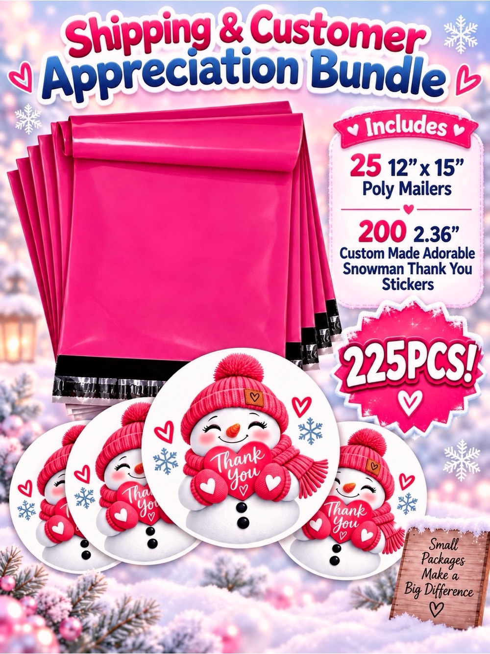 225PC Bundle~ 25 12”x15” Poly Mailers & 200 2.36” Stickers
